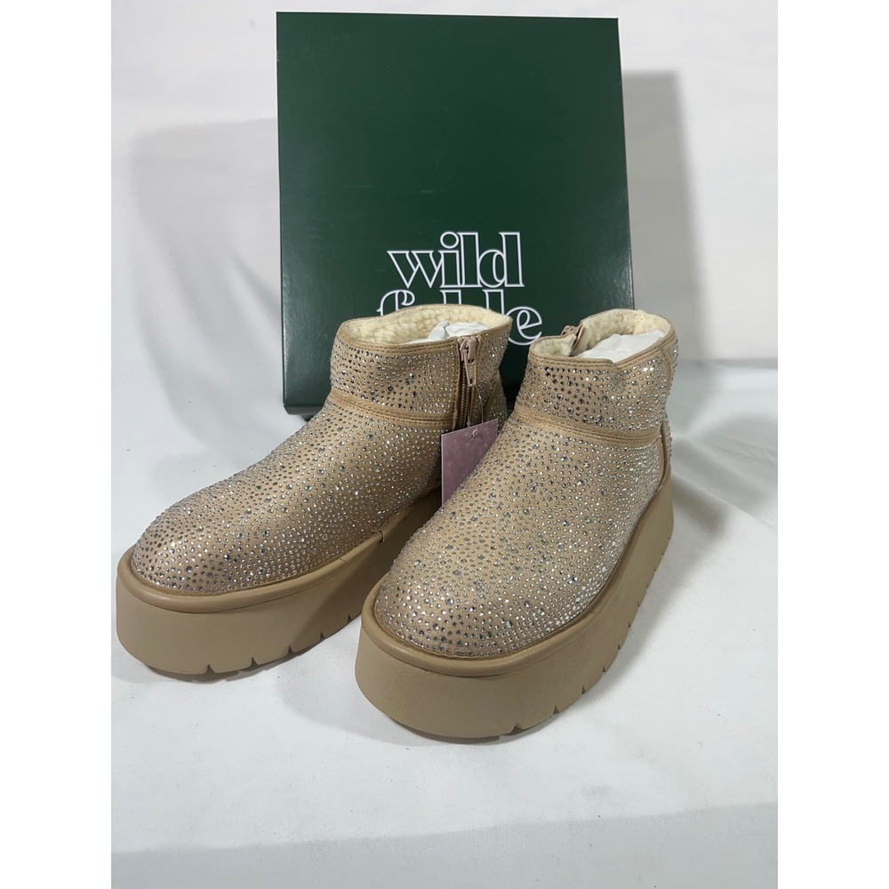 Wild Fable Rhinestone Platform Ankle Boots Sparkle Women 7 Tan Cozy Lined Zip Up